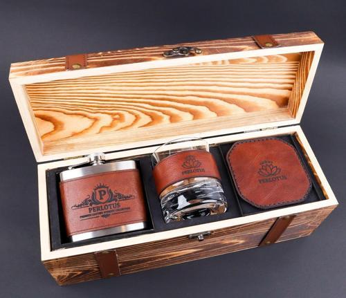 Deri Viski Bardağı Viski Taşı Bardak Altlığı İçki Matarası Seti Hediye Kutusunda