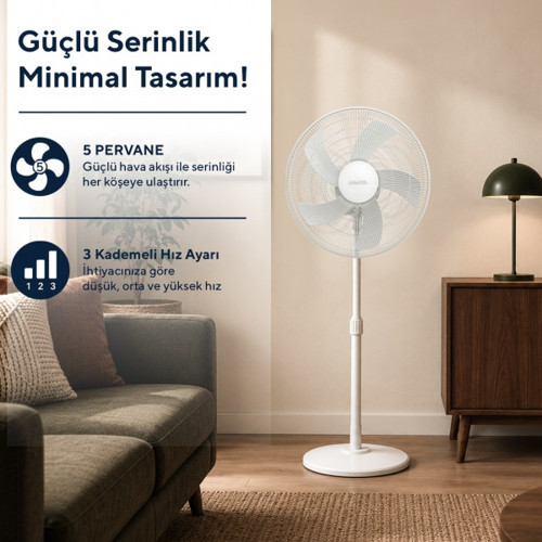 KTF-350 Beyaz 16 İnç Ayaklı Vantilatör 50 W, 5 Kanatlı, 3 Kademeli, 121 cm Ayarlanabilir Yükseklik