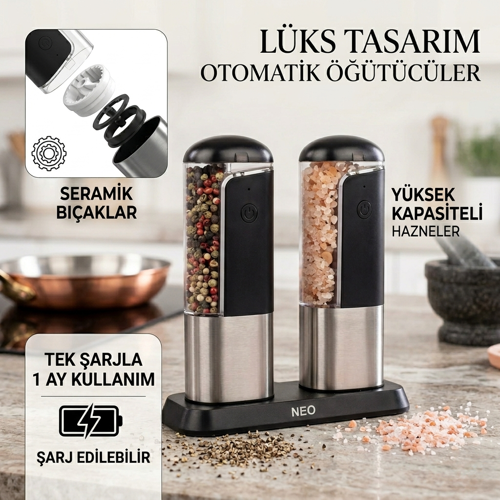 Şarjlı Paslanmaz Çelik Tuz Karabiber Değirmeni Otomatik Baharat Öğütücü 2li Stant Neo Class