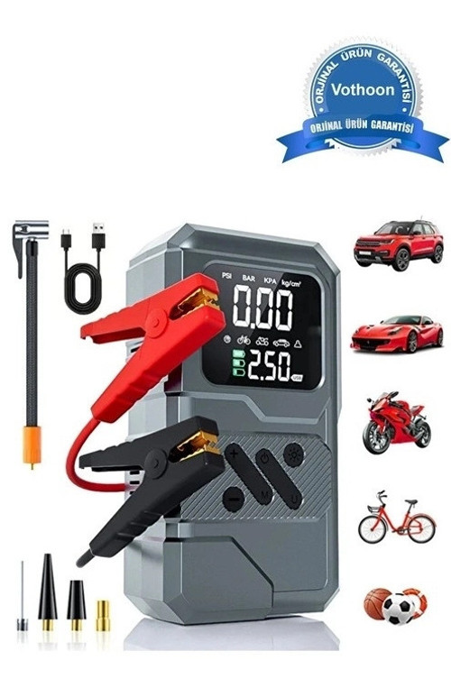 St-9654 Şarjlı 10.000 Mah Taşınabilir Araç Hava Kompresörü Akü Takviyeli Dijital Ekranlı Işıklı