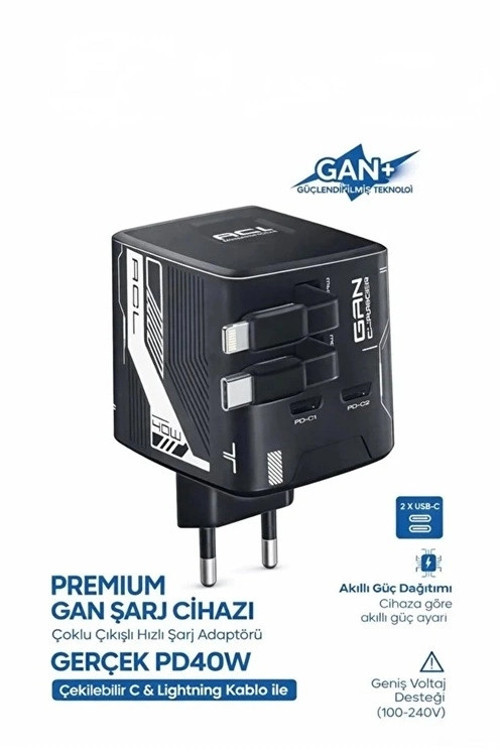 Gan+ Pd 40w Hızlı Şarj Adaptörü Çoklu Çıkış Usb-c Lightning Kablolu Hızlı Şarj Cihazı Ev Ofis Uyumlu
