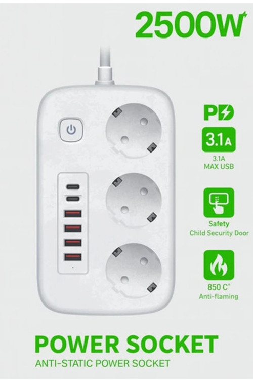  akım Korumalı Priz Ve Masaüstü Şarj İstasyonu Kablosuz 3 Priz ,4 Usb, 2 Type-c Girişli 2 Metre