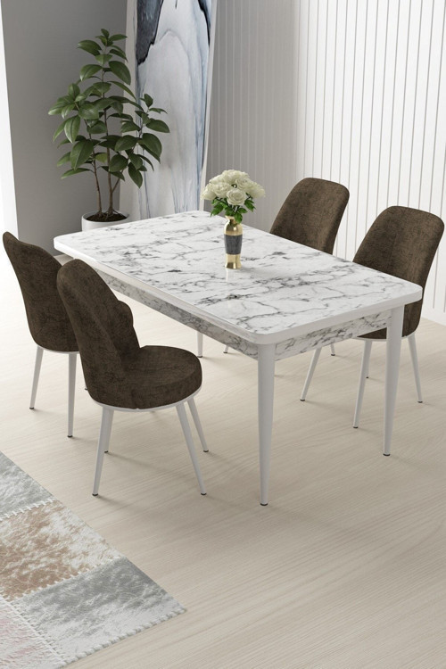 Concept Arp Serisi 70X110 Sabit Mutfak Masası Takımı Beyaz Mermer Desen Masa 4 Kahverengi Sandalye
