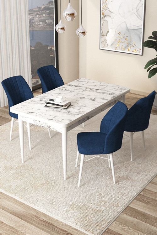 Concept Arp Serisi 70X110 Sabit Mutfak Masası Takımı Beyaz Mermer Desen Masa 4 Lacivert Sandalye