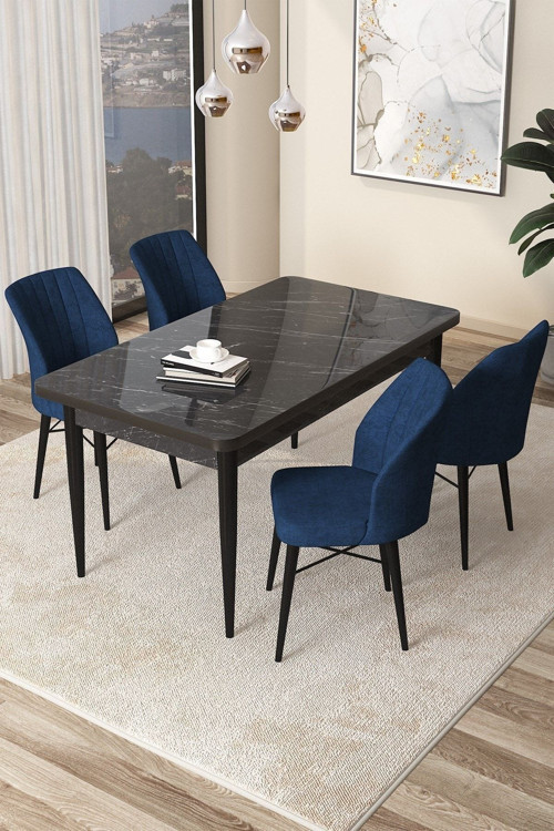 Concept Arp Serisi 70X110 Sabit Mutfak Masası Takımı Siyah Mermer Desen Masa 4 Lacivert Sandalye