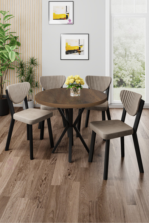 Concept Agnes Serisi 90X90 Yuvarlak Barok Ahşap Desen Masa Takımı Ve 4 Cappucino Sandalye