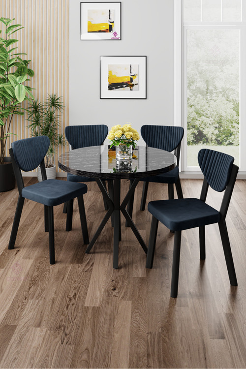 Concept Agnes Serisi 90X90 Yuvarlak Siyah Mermer Desen Masa Takımı Ve 4 Antrasit Sandalye