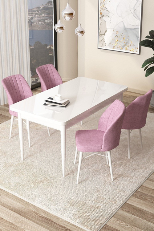 Concept Arp Serisi, Beyaz Masa 71X110 Sabit Mutfak Masa Takımı, 4 Pembe Sandalye