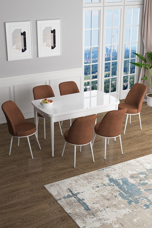 Concept Han Serisi, Beyaz 70X114 Açılabilir Mdf Mutfak Masa Takımı, 6 Kiremit Sandalye