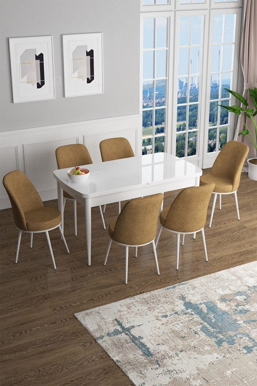 Concept Han Serisi, Beyaz 70X114 Açılabilir Mdf Mutfak Masa Takımı, 6 Cappucino Sandalye