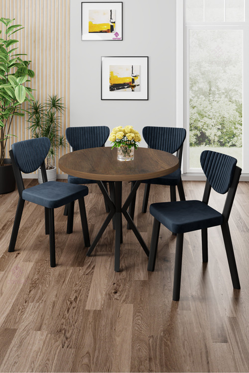 Concept Agnes Serisi 90X90 Yuvarlak Barok Ahşap Desen Masa Takımı Ve 4 Antrasit Sandalye