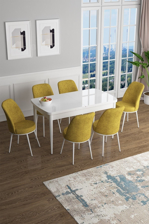 Concept Han Serisi, Beyaz 70X114 Açılabilir Mdf Mutfak Masa Takımı, 6 Hardal Sandalye
