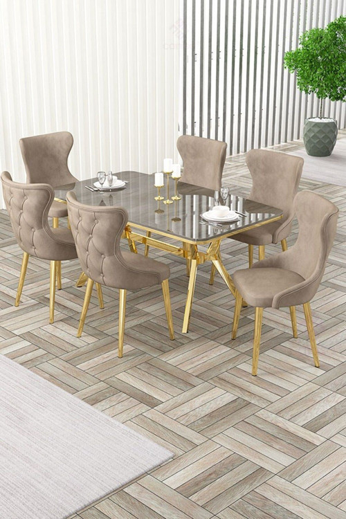 Concept Esla Serisi 90X160 Lak Panel Antrasit Ironi Gold Kaplama Ayaklı Masa Takımı Ve 6 Cappucino Sandalye
