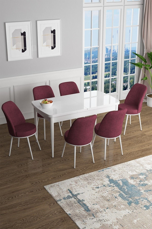 Concept Han Serisi, Beyaz 70X114 Açılabilir Mdf Mutfak Masa Takımı, 6 Bordo Sandalye