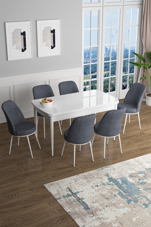 Concept Han Serisi, Beyaz 70X114 Açılabilir Mdf Mutfak Masa Takımı, 6 Füme Sandalye