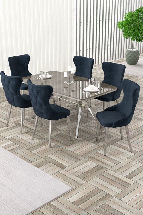 Concept Esla Serisi 90X160 Lak Panel Antrasit İroni Krom Kaplama Ayaklı Masa Takımı Ve 6 Antrasit Sandalye
