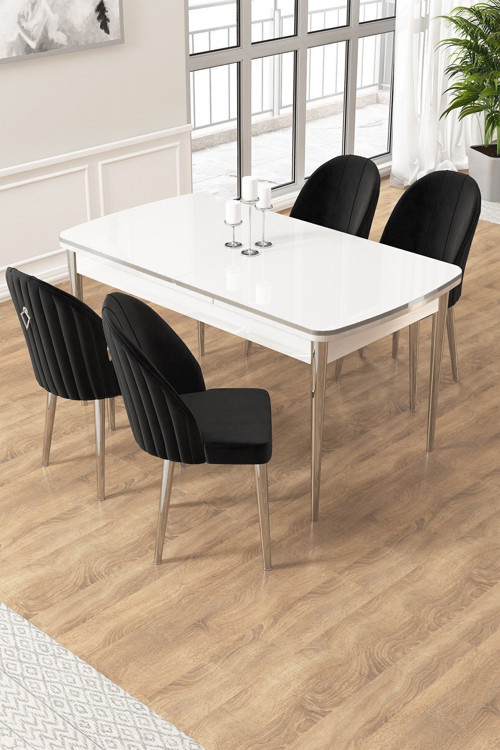 Concept Edaf Serisi 80X132 Açılabilir Beyaz Mutfak Masa Takımı 4 Siyah Sandalye Krom Detay
