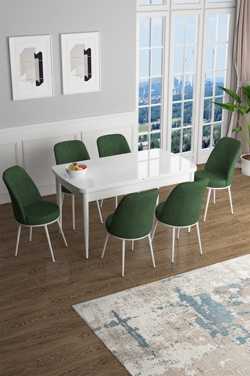Concept Han Serisi, Beyaz 70X114 Açılabilir Mdf Mutfak Masa Takımı, 6 Haki Yeşili Sandalye
