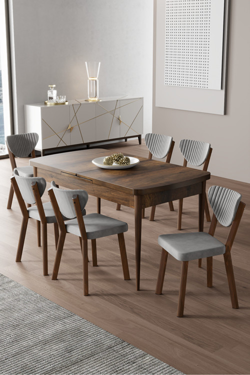 Concept Exve Serisi 80X132 Açılabilir Barok Ahşap Desen Masa Takımı Ve 6 Gri Sandalye