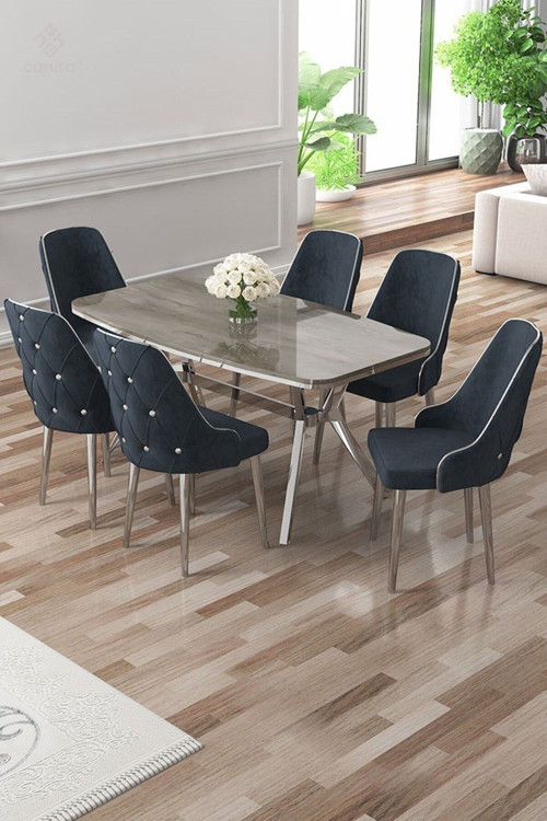 Concept Asel Serisi 90X160 Lak Panel Antrasit İroni Krom Ayaklı Masa Takımı Ve 6 Antrasit Sandalye