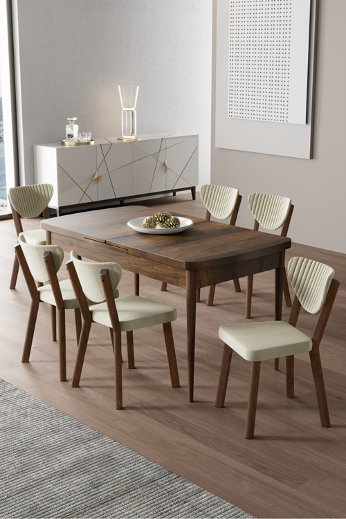 Concept Exve Serisi 80X132 Açılabilir Barok Ahşap Desen Masa Takımı Ve 6 Krem Sandalye