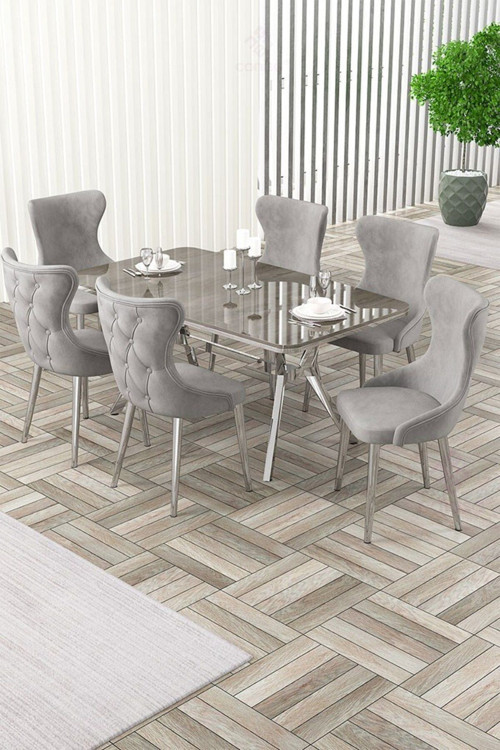 Concept Esla Serisi 90X160 Lak Panel Antrasit İroni Krom Kaplama Ayaklı Masa Takımı Ve 6 Gri Sandalye