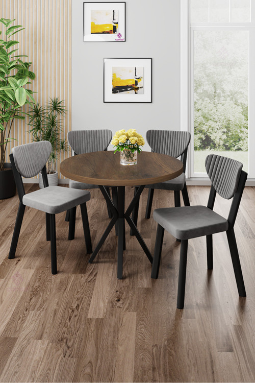 Concept Agnes Serisi 90X90 Yuvarlak Barok Ahşap Desen Masa Takımı Ve 4 Gri Sandalye