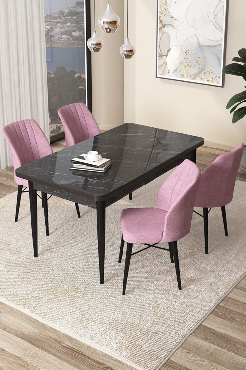 Concept Arp Serisi, 71X110 Sabit Mutfak Masa Takımı, Siyah Mermer Desen Masa 4 Pembe Sandalye