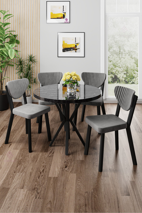 Concept Agnes Serisi 90X90 Yuvarlak Siyah Mermer Desen Masa Takımı Ve 4 Gri Sandalye