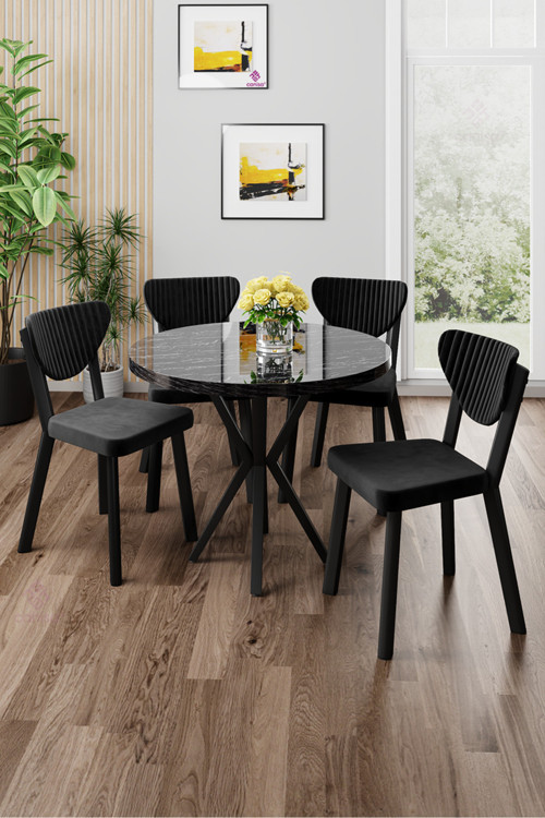Concept Agnes Serisi 90X90 Yuvarlak Siyah Mermer Desen Masa Takımı Ve 4 Siyah Sandalye