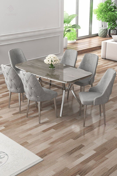 Concept Asel Serisi 90X160 Lak Panel Antrasit İroni Krom Ayaklı Masa Takımı Ve 6 Gri Sandalye