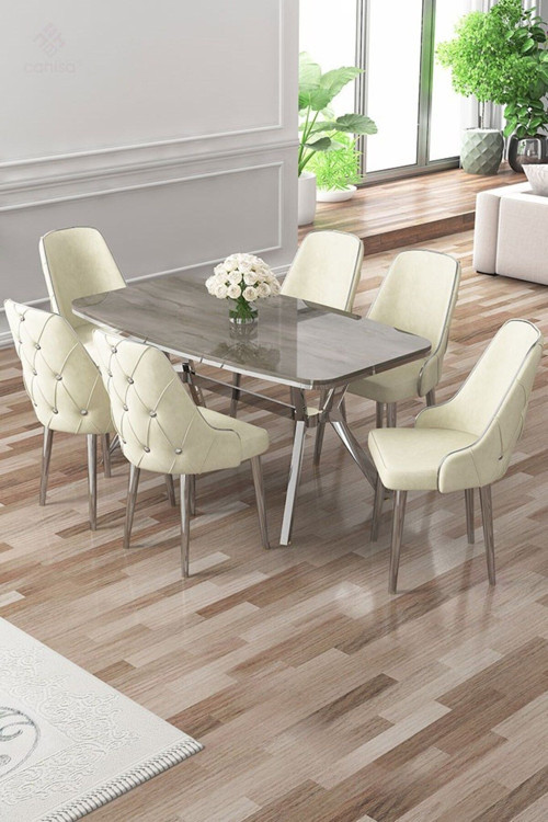 Concept Asel Serisi 90X160 Lak Panel Antrasit İroni Krom Ayaklı Masa Takımı Ve 6 Krem Sandalye
