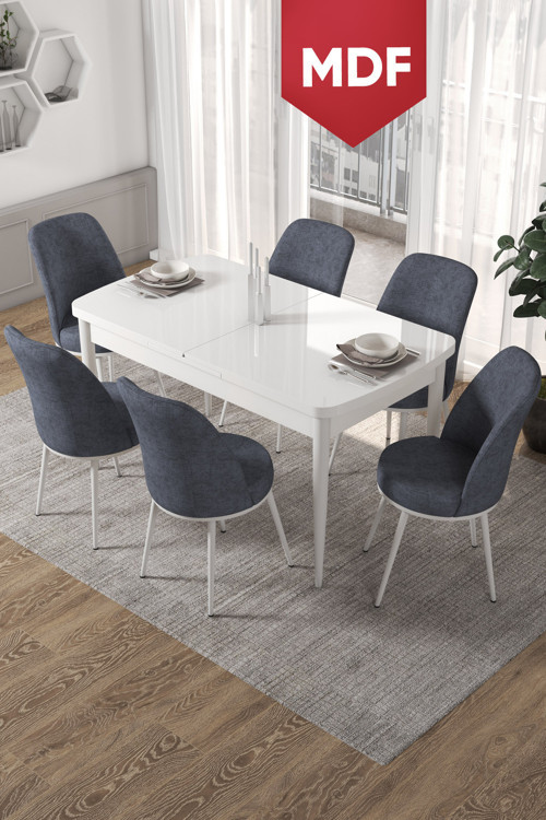 Concept Kor Serisi 70X114 Açılabilir Mdf Mutfak Masası Takımı Beyaz Masa 6 Füme Sandalye
