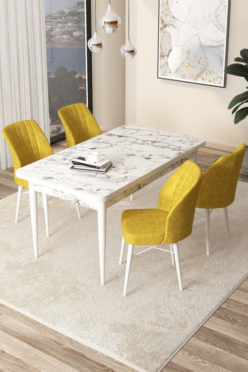 Concept Arp Serisi 70X110 Sabit Mutfak Masası Takımı Beyaz Mermer Desen Masa 4 Hardal Sandalye