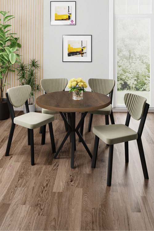 Concept Agnes Serisi 90X90 Yuvarlak Barok Ahşap Desen Masa Takımı Ve 4 Krem Sandalye