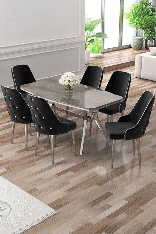 Concept Asel Serisi 90X160 Lak Panel Antrasit İroni Krom Ayaklı Masa Takımı Ve 6 Siyah Sandalye