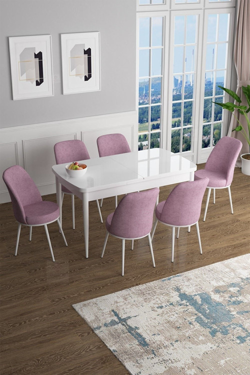 Concept Han Serisi, Beyaz 70X114 Açılabilir Mdf Mutfak Masa Takımı, 6 Pembe Sandalye