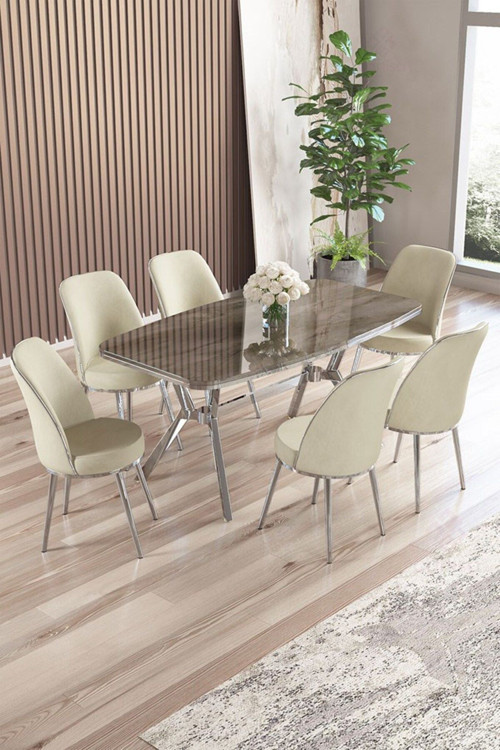 Concept Lena Serisi 90X160 Lak Panel Antrasit İroni Krom Kaplama Ayaklı Masa Takımı Ve 6 Krem Sandalye