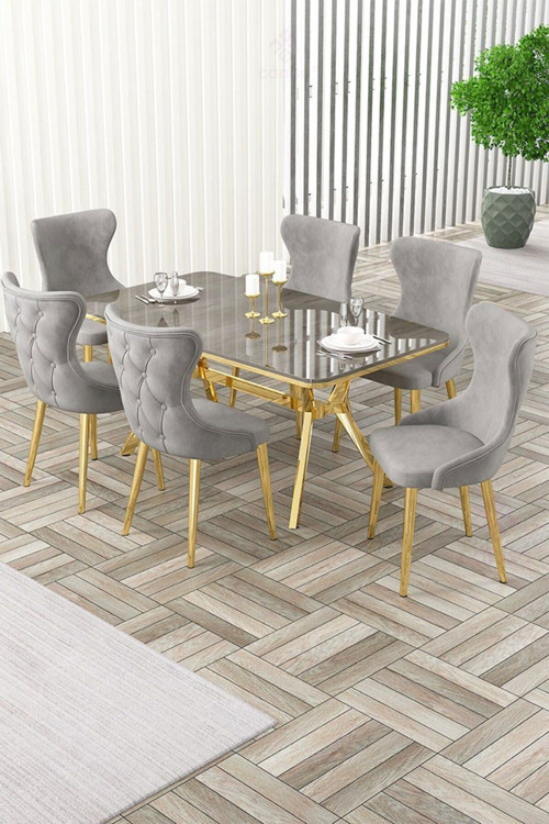 Concept Esla Serisi 90X160 Lak Panel Antrasit Ironi Gold Kaplama Ayaklı Masa Takımı Ve 6 Gri Sandalye