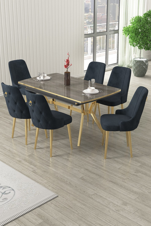 Concept Nis Serisi 89X150 Açılabilir Lak Panel Antrasit İroni Gold Ayak Masa Takımı Ve 6 Antrasit Sandalye