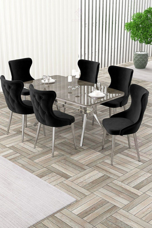 Concept Esla Serisi 90X160 Lak Panel Antrasit İroni Krom Kaplama Ayaklı Masa Takımı Ve 6 Siyah Sandalye