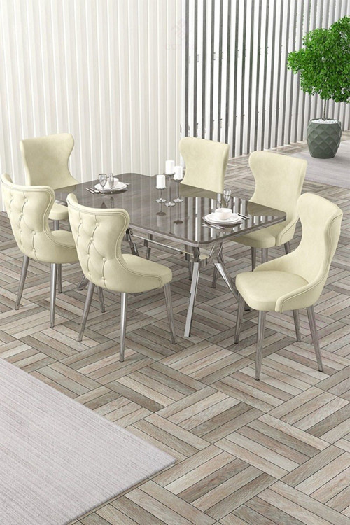 Concept Esla Serisi 90X160 Lak Panel Antrasit İroni Krom Kaplama Ayaklı Masa Takımı Ve 6 Krem Sandalye