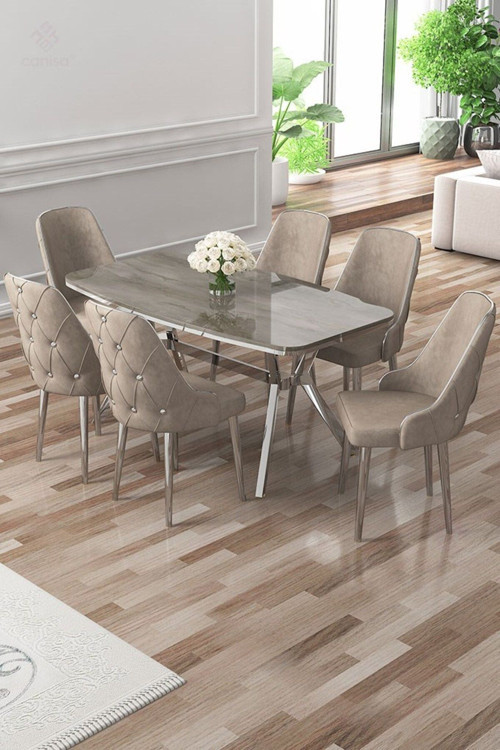 Concept Asel Serisi 90X160 Lak Panel Antrasit İroni Krom Ayaklı Masa Takımı Ve 6 Cappucino Sandalye