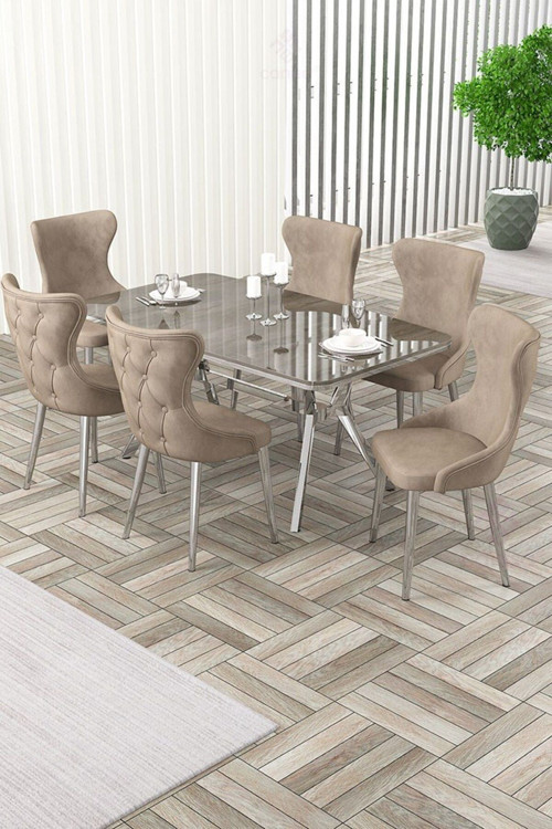 Concept Esla Serisi 90X160 Lak Panel Antrasit İroni Krom Kaplama Ayaklı Masa Takımı Ve 6 Cappucino Sandalye