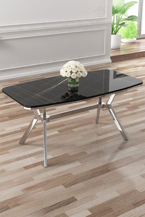 Concept Esla Serisi 90X160 Lak Panel Siyah Mermer Desen Krom Kaplama Ayaklı Masa