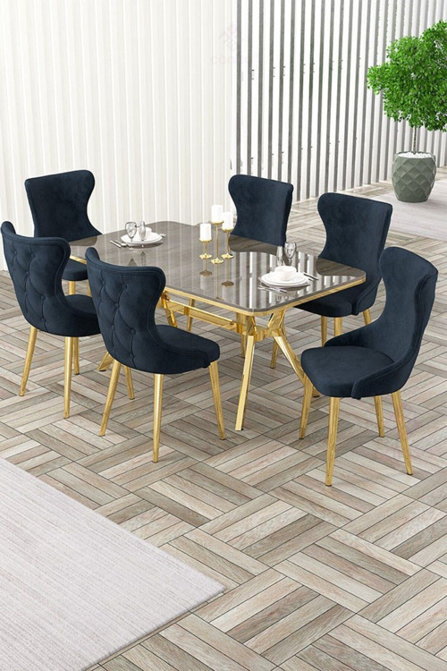 Concept Esla Serisi 90X160 Lak Panel Antrasit Ironi Gold Kaplama Ayaklı Masa Takımı Ve 6 Antrasit Sandalye