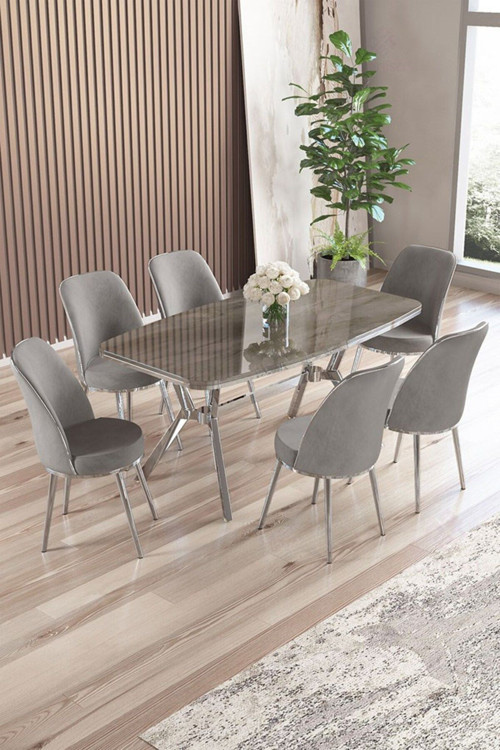 Concept Lena Serisi 90X160 Lak Panel Antrasit İroni Krom Kaplama Ayaklı Masa Takımı Ve 6 Gri Sandalye