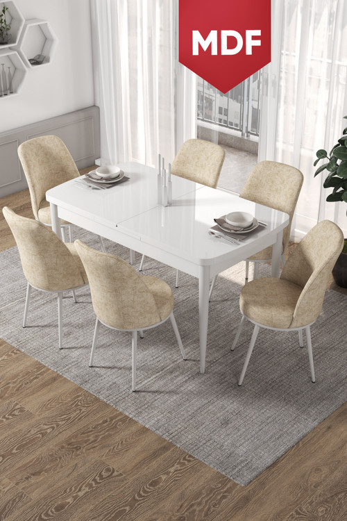 Concept Kor Serisi 70X114 Açılabilir Mdf Mutfak Masası Takımı Beyaz Masa 6 Krem Sandalye