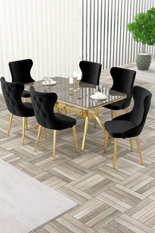 Concept Esla Serisi 90X160 Lak Panel Antrasit Ironi Gold Kaplama Ayaklı Masa Takımı Ve 6 Siyah Sandalye