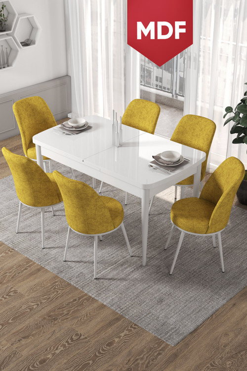 Concept Kor Serisi 70X114 Açılabilir Mdf Mutfak Masası Takımı Beyaz Masa 6 Cappucino Sandalye